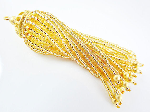 Long Golden Beaded Tassel - 22k Matte Gold Plated Brass - 1PC