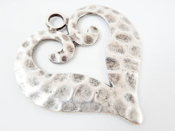 Silver hammered heart pendant - Jewelry making supplies