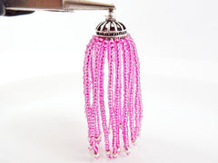 Long Candy Pink Beaded Tassel - Matte Silver Plated Brass - 1PC