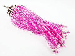 Long Candy Pink Beaded Tassel - Matte Silver Plated Brass - 1PC