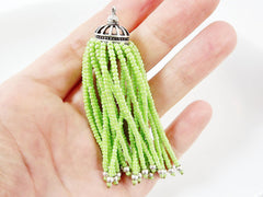 Long Fresh Green Beaded Tassel - Matte Silver Plated Brass - 1PC