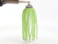 Long Fresh Green Beaded Tassel - Matte Silver Plated Brass - 1PC