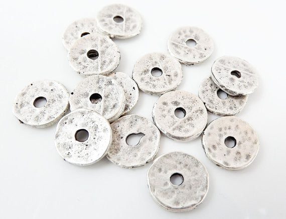 15 Silver Heishi Hammered Disc Statement Spacer Beads - Matte Silver Plated