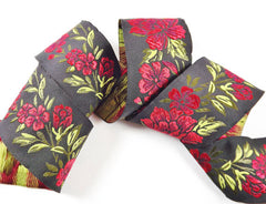 Red Peony Flower Woven Embroidered Jacquard Trim Ribbon - 1 Meter or 3.3 Feet or 1.09 Yards