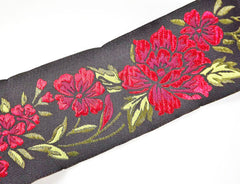 Red Peony Flower Woven Embroidered Jacquard Trim Ribbon - 1 Meter or 3.3 Feet or 1.09 Yards