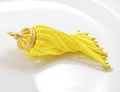 Long Yellow Beaded Tassel - 22k Matte Gold Plated Brass - 1PC