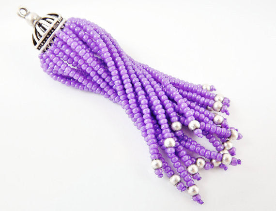 Long Lavender Purple Beaded Tassel - Matte Silver Plated Brass - 1PC