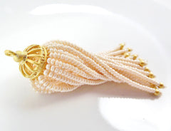 Long Pearly Cream Beaded Tassel - 22k Matte Gold Plated Brass - 1PC