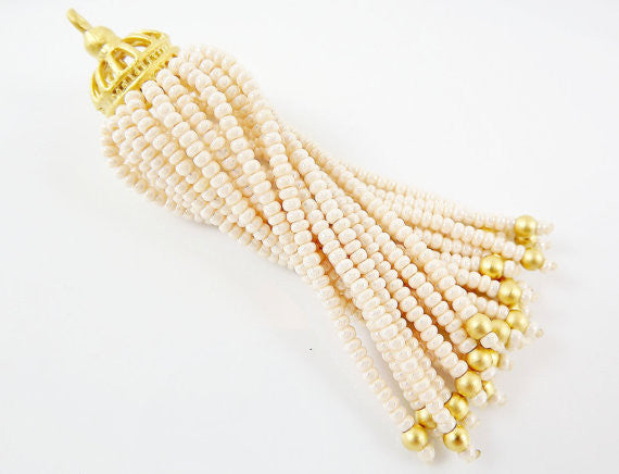 Long Pearly Cream Beaded Tassel - 22k Matte Gold Plated Brass - 1PC