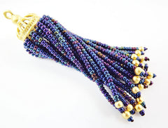 Long Blue Iris Beaded Tassel - 22k Matte Gold Brass - 1PC