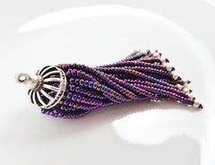 Long Purple Iris Beaded Tassel - Matte Silver Plated Brass - 1PC
