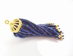 Long Blue Iris Beaded Tassel - 22k Matte Gold Brass - 1PC