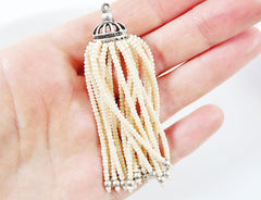 Long Pearly Cream Beaded Tassel - Matte Silver Plated Brass - 1PC