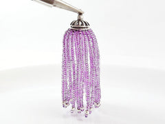 Long Sparkly Lilac Purple Beaded Tassel - Matte Silver Plated Brass - 1PC