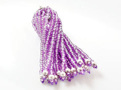 Long Sparkly Lilac Purple Beaded Tassel - Matte Silver Plated Brass - 1PC