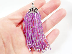 Long Sparkly Lilac Purple Beaded Tassel - Matte Silver Plated Brass - 1PC