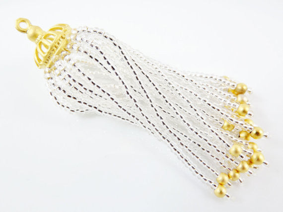 Long Crystal Clear Silver Foil Lined Beaded Tassel - 22k Matte Gold Plated Brass - 1PC