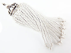 Long Crystal Clear Silver Foil Lined Beaded Tassel - Matte Silver Plated Brass - 1PC
