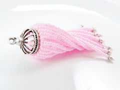 Long Baby Pink Beaded Tassel - Matte Silver Plated Brass - 1PC