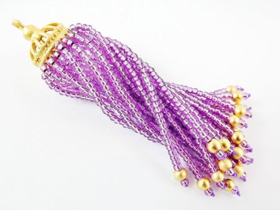 Long Sparkly Lilac Purple Beaded Tassel - 22k Matte Gold Plated Brass - 1PC