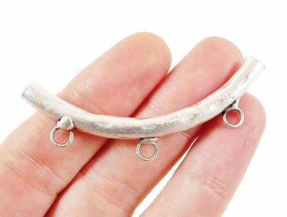 Organic Necklace Bracelet Curve Tube Bead Spacer with Three Loops - Matte Silver Plated - 1 pc