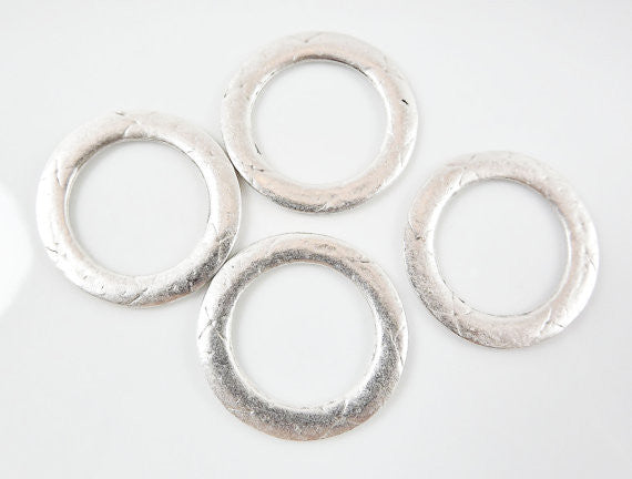 4 LargeTextured Flat Ring Closed Loop Circle Pendant Connector - Matte Silver Plated - 4 PC