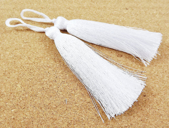 Long White Silk Thread Tassels - 3 inches - 77mm - 2 pc