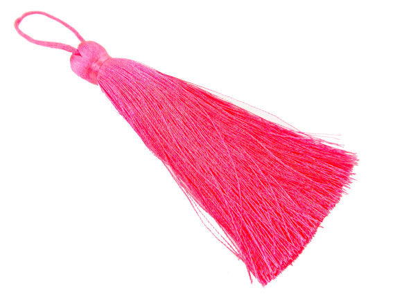 Extra Large Thick Neon Pink Silk Thread Tassels - 4.4 inches - 113mm - 1 pc