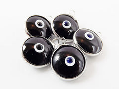 5 Opaque Black Evil Eye Nazar Artisan Glass Bead Charms - Silver Plated Brass Bezel