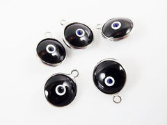 5 Opaque Black Evil Eye Nazar Artisan Glass Bead Charms - Silver Plated Brass Bezel