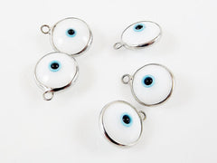 5 White Evil Eye Nazar Artisan Glass Bead Charms - Silver Plated Brass Bezel