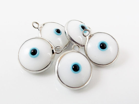 5 White Evil Eye Nazar Artisan Glass Bead Charms - Silver Plated Brass Bezel