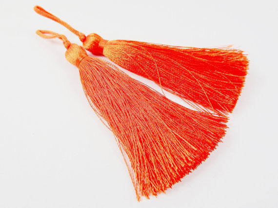 Long Tangerine Orange Silk Thread Tassels - 3 inches - 77mm - 2 pc