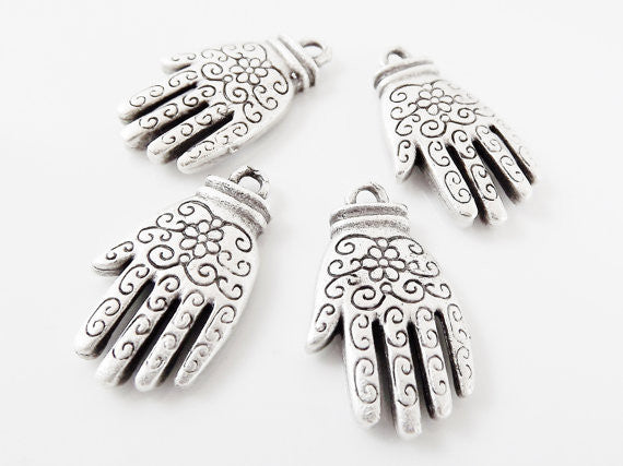 4 Hand of Fatima Hamsa Pendant Charms with Floral Detail - Matte Silver Plated