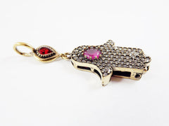 Hamsa Hand of Fatima Pendant Red Ruby Clear Crystal Accents