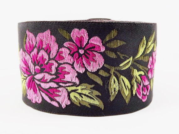 Violet Pink Peony Flower Woven Embroidered Jacquard Trim Ribbon - 1 Meter or 3.3 Feet or 1.09 Yards