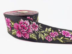 Violet Pink Peony Flower Woven Embroidered Jacquard Trim Ribbon - 1 Meter or 3.3 Feet or 1.09 Yards