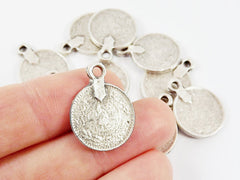 10 Large Rustic Round Thick Coin Charms - Matte Antique Silver Plated
