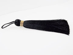 Extra Large Thick Black Thread Tassels - Gold Metallic Band - 4.4 inches - 113mm - 1 pc