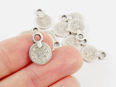 10 Mini Chunky Round Coin Charms - Matte Antique Silver Plated