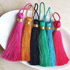 Extra Large Thick Deep Mustard Yellow Thread Tassels - Gold Metallic Band - 4.4 inches - 113mm - 1 pc