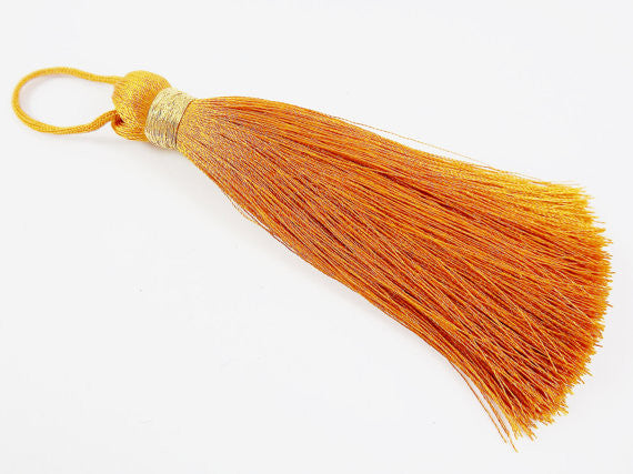 Extra Large Thick Deep Mustard Yellow Thread Tassels - Gold Metallic Band - 4.4 inches - 113mm - 1 pc