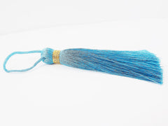 Extra Large Thick Maui Blue Thread Tassels - Gold Metallic Band - 4.4 inches - 113mm - 1 pc