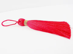 Extra Large Thick Raspberry Red Thread Tassels - Gold Metallic Band - 4.4 inches - 113mm - 1 pc