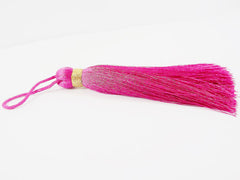 Extra Large Thick Violet Pink Thread Tassels - Gold Metallic Band - 4.4 inches - 113mm - 1 pc