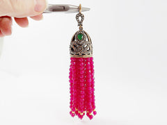 Large Long Fuschia Raspberry Pink Facet Cut Jade Stone Beaded Tassel with Red Clear Crystal Accents - Antique Bronze - 1PC