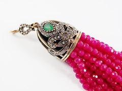 Large Long Fuschia Raspberry Pink Facet Cut Jade Stone Beaded Tassel with Red Clear Crystal Accents - Antique Bronze - 1PC