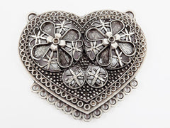 Large Folk Style Heart Pendant Connector with 13 Loops - Matte Antique Silver Plated - 1PC