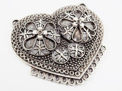 Large Folk Style Heart Pendant Connector with 13 Loops - Matte Antique Silver Plated - 1PC