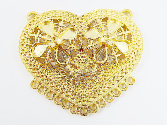 Large Folk Style Heart Pendant Connector with 13 Loops - 22k Matte Gold Plated - 1PC